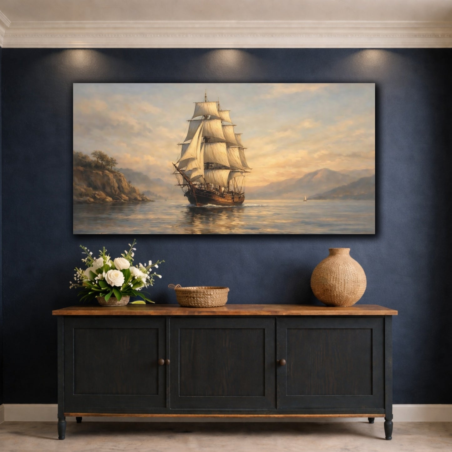 Mockup 4. Vintage Tall Ship Golden Seascape shown as stretched canvas wall art