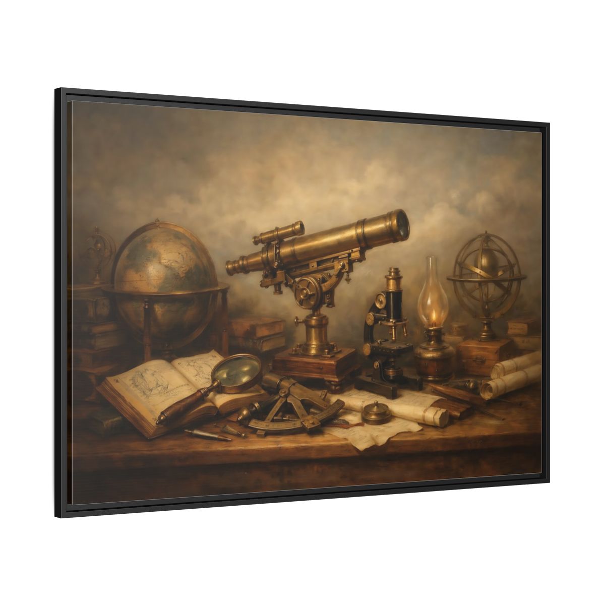 Side Mockup 12. Vintage Telescope Globe Vintage Scientific shown as stretched canvas wall art