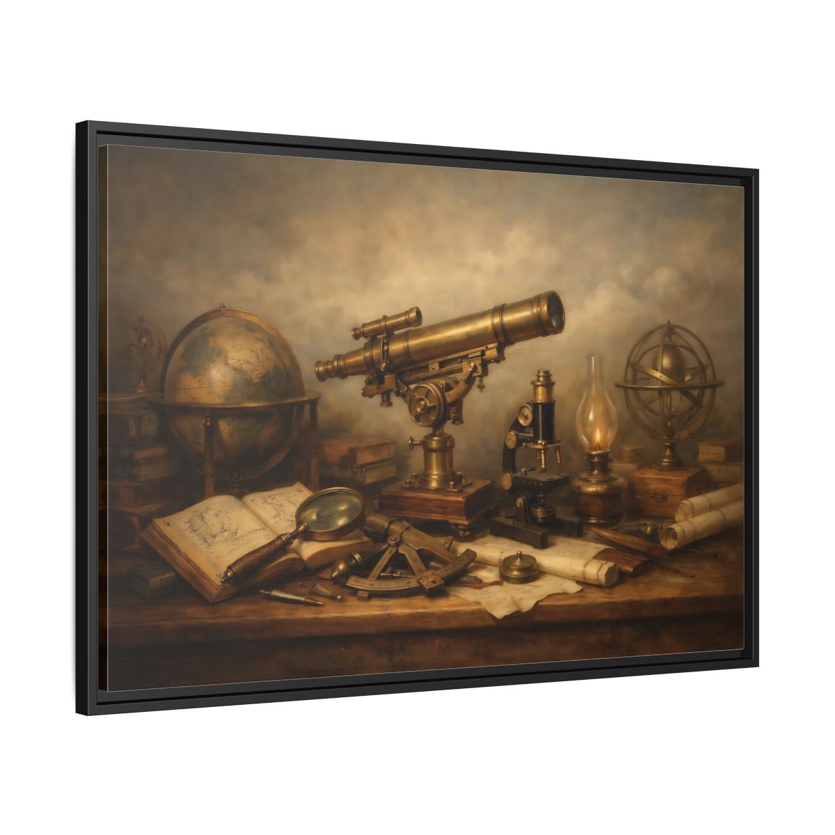 Side Mockup 13. Vintage Telescope Globe Vintage Scientific shown as stretched canvas wall art