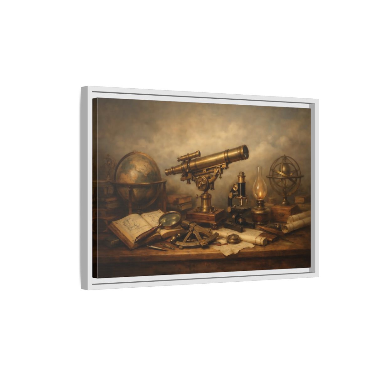 Side Mockup 1. Vintage Telescope Globe Vintage Scientific shown as stretched canvas wall art