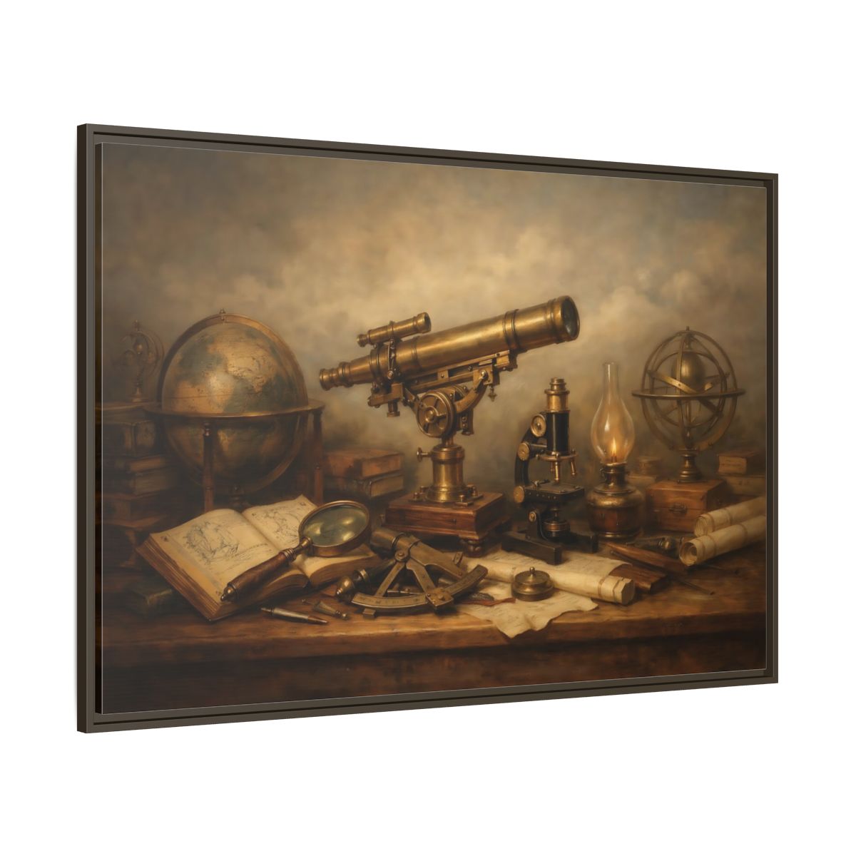 Main Mockup. Vintage Telescope Globe Vintage Scientific shown as stretched canvas wall art
