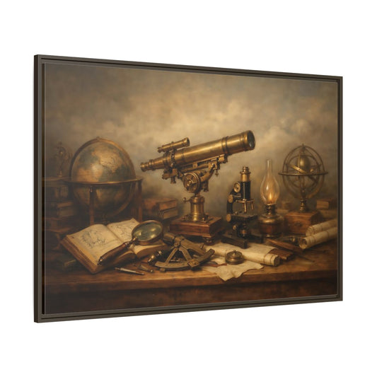 Main Mockup. Vintage Telescope Globe Vintage Scientific shown as stretched canvas wall art
