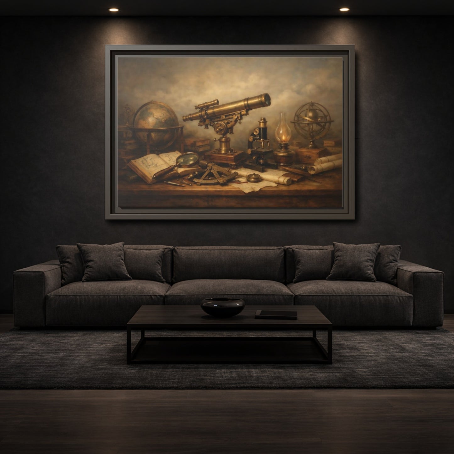 Mockup 2. Vintage Telescope Globe Vintage Scientific shown as stretched canvas wall art