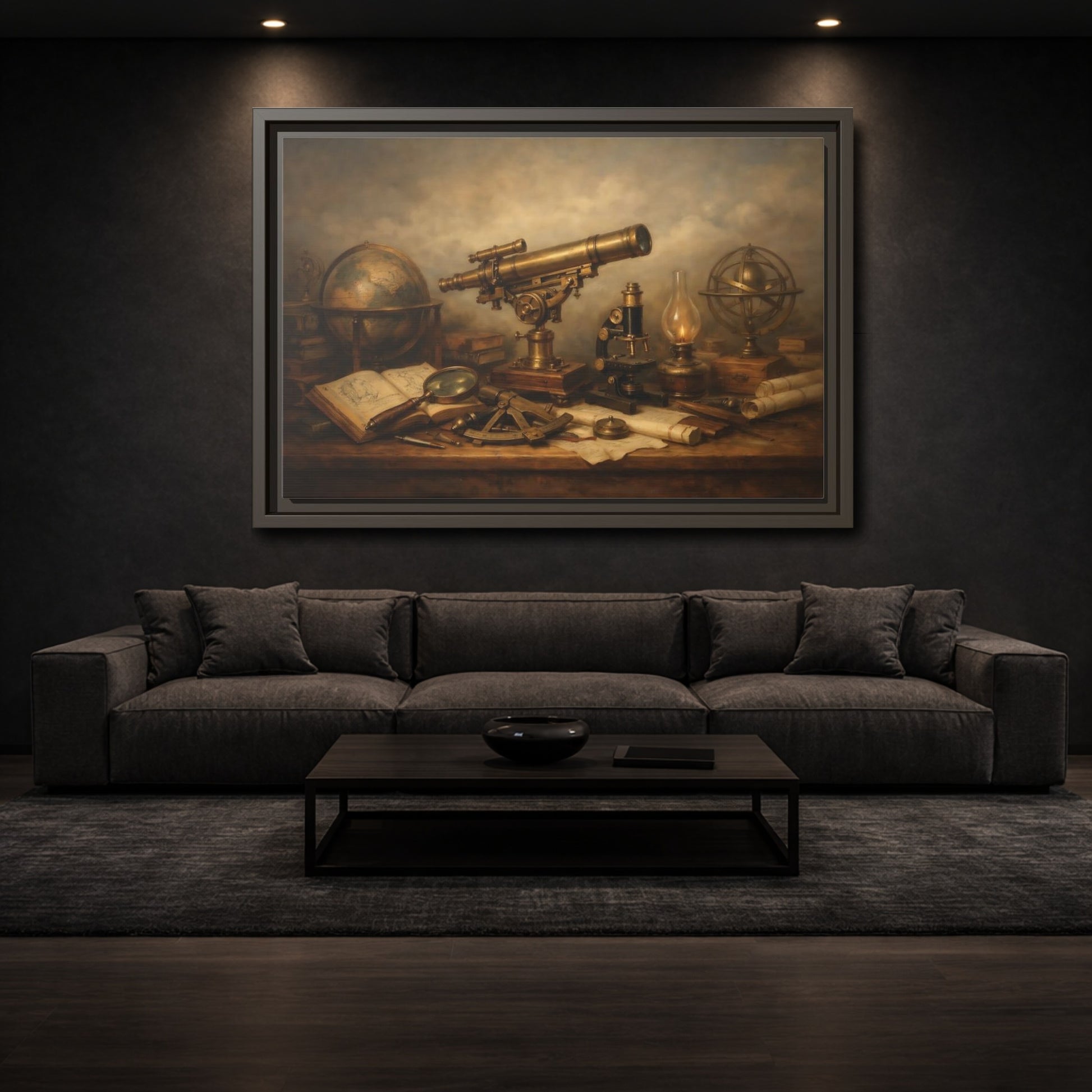 Mockup 2. Vintage Telescope Globe Vintage Scientific shown as stretched canvas wall art