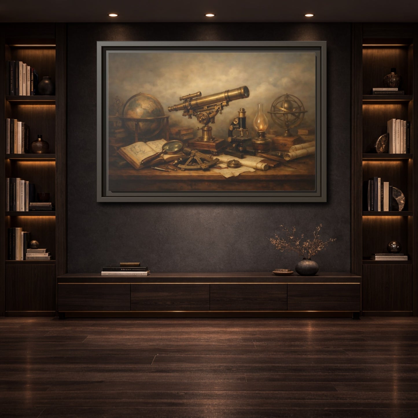 Mockup 3. Vintage Telescope Globe Vintage Scientific shown as stretched canvas wall art