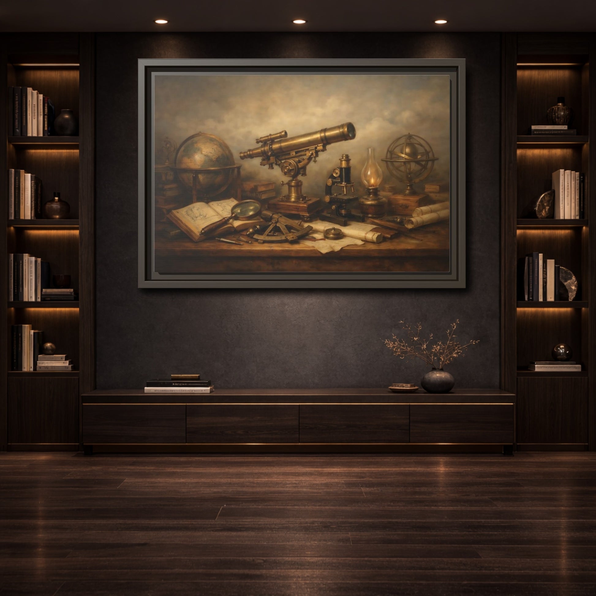 Mockup 3. Vintage Telescope Globe Vintage Scientific shown as stretched canvas wall art