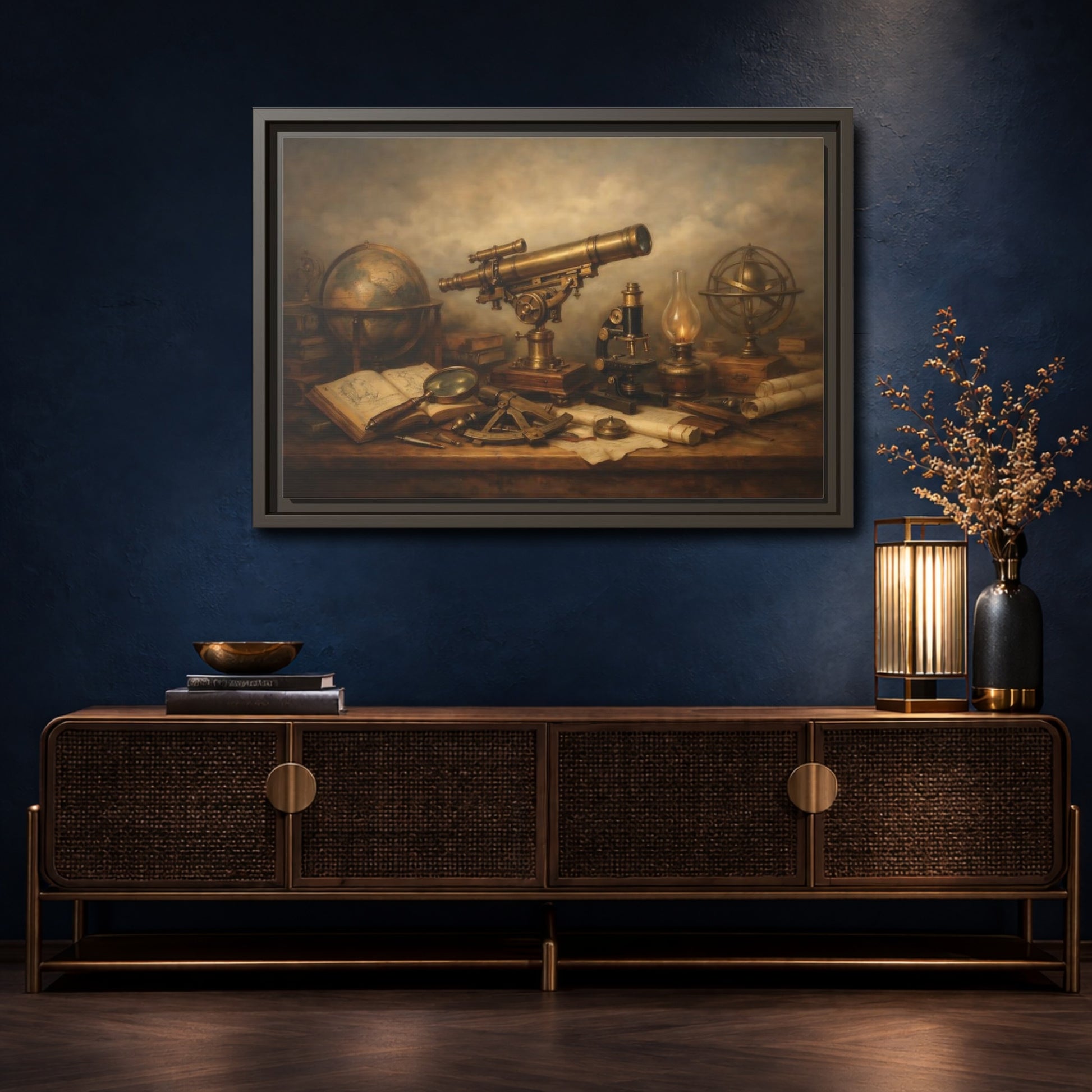 Mockup 4. Vintage Telescope Globe Vintage Scientific shown as stretched canvas wall art