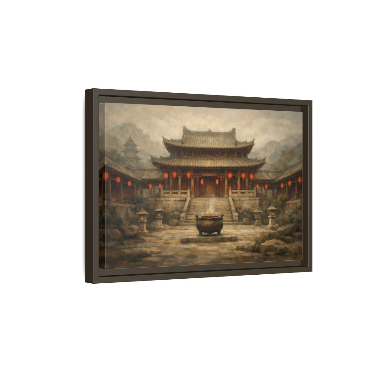 Side Mockup 5. Vintage Temple Courtyard Brown And Orange Temple shown as stretched canvas wall art