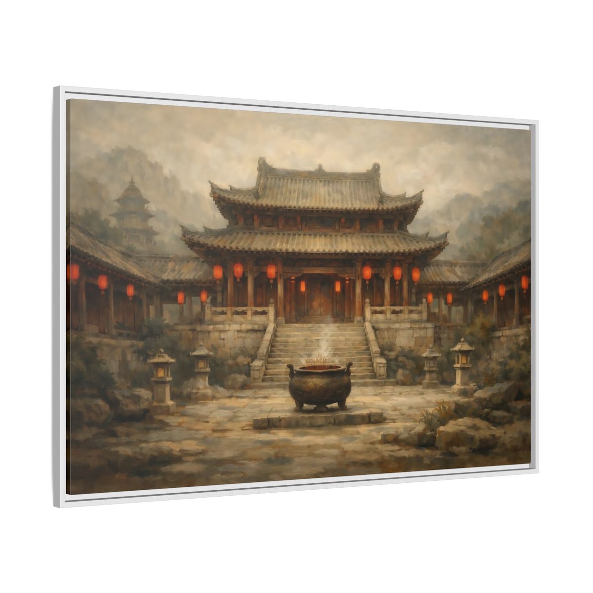 Side Mockup 7. Vintage Temple Courtyard Brown And Orange Temple shown as stretched canvas wall art