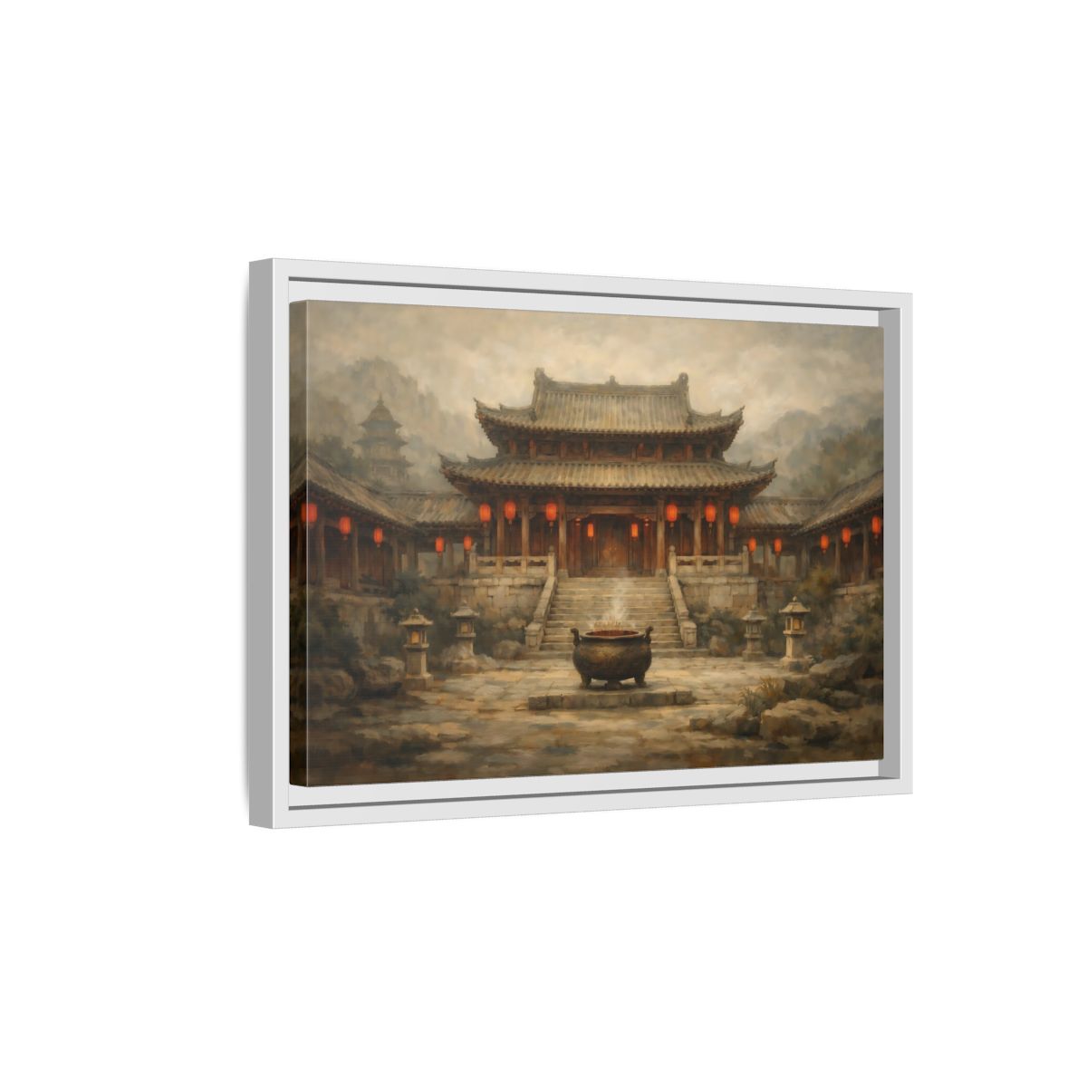 Side Mockup 4. Vintage Temple Courtyard Brown And Orange Temple shown as stretched canvas wall art