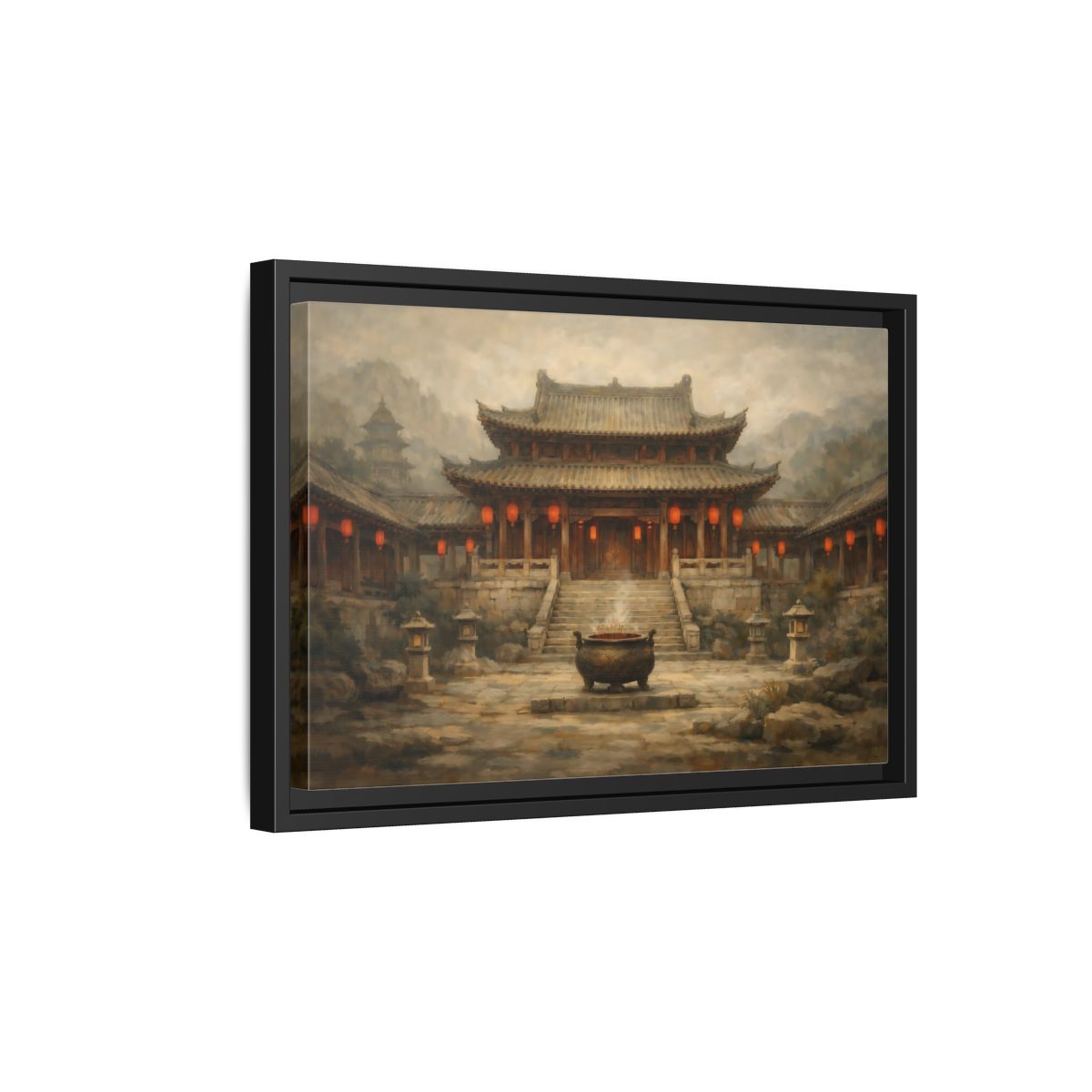 Side Mockup 6. Vintage Temple Courtyard Brown And Orange Temple shown as stretched canvas wall art