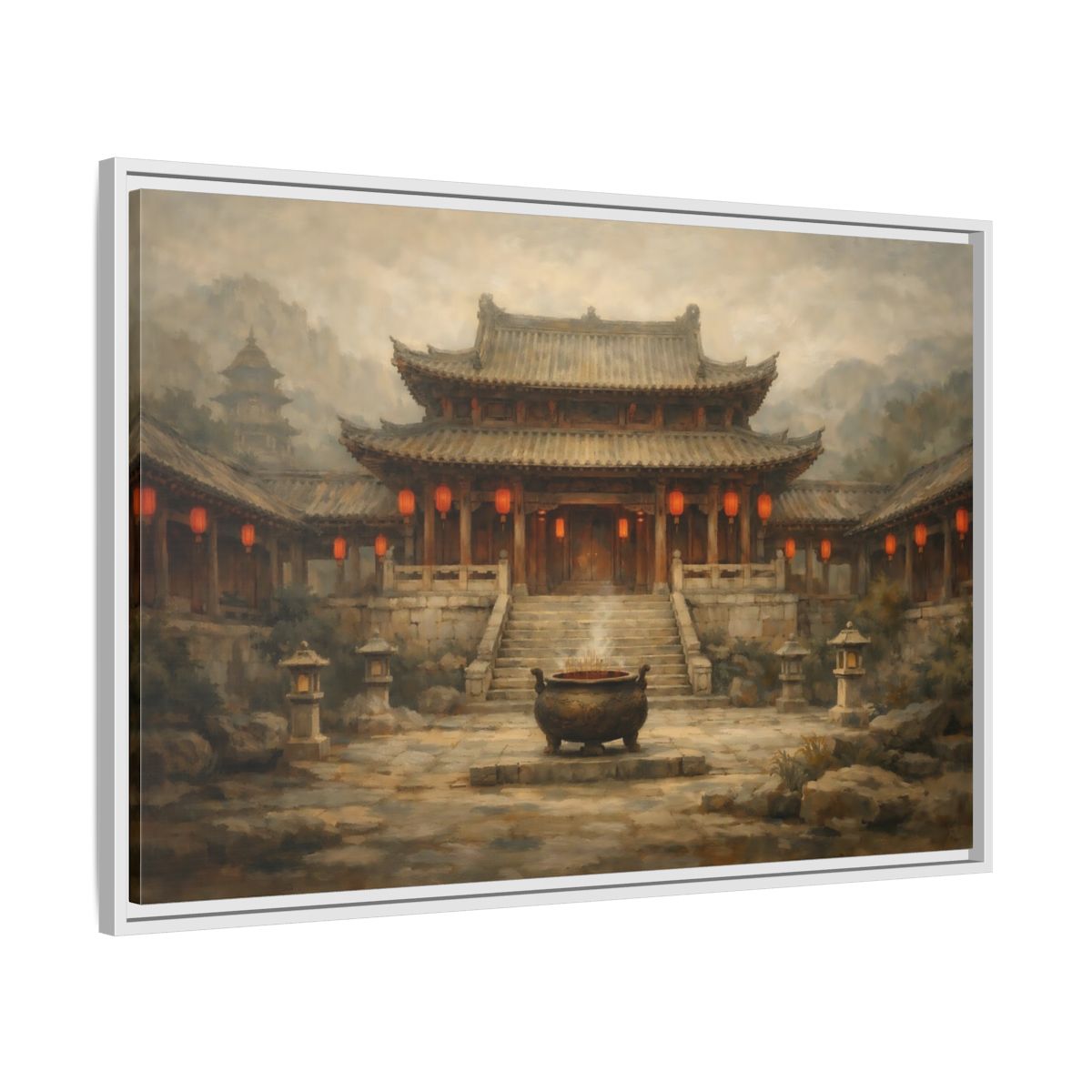 Side Mockup 8. Vintage Temple Courtyard Brown And Orange Temple shown as stretched canvas wall art