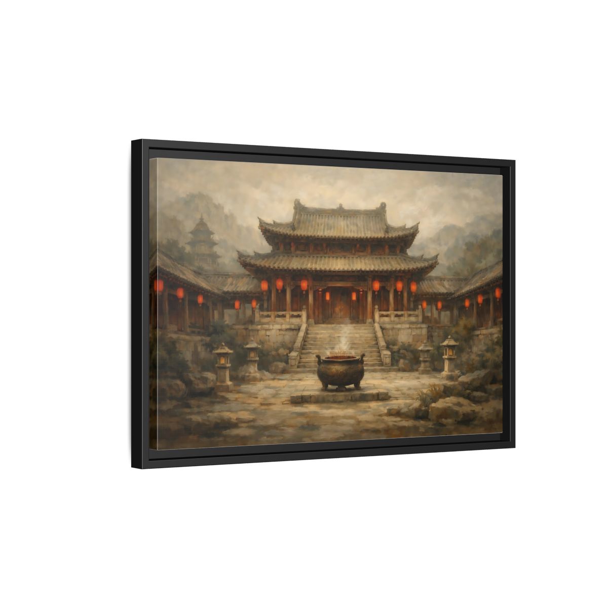 Side Mockup 3. Vintage Temple Courtyard Brown And Orange Temple shown as stretched canvas wall art