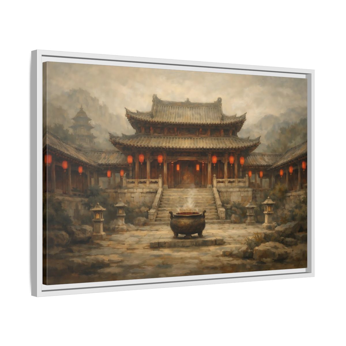 Side Mockup 10. Vintage Temple Courtyard Brown And Orange Temple shown as stretched canvas wall art