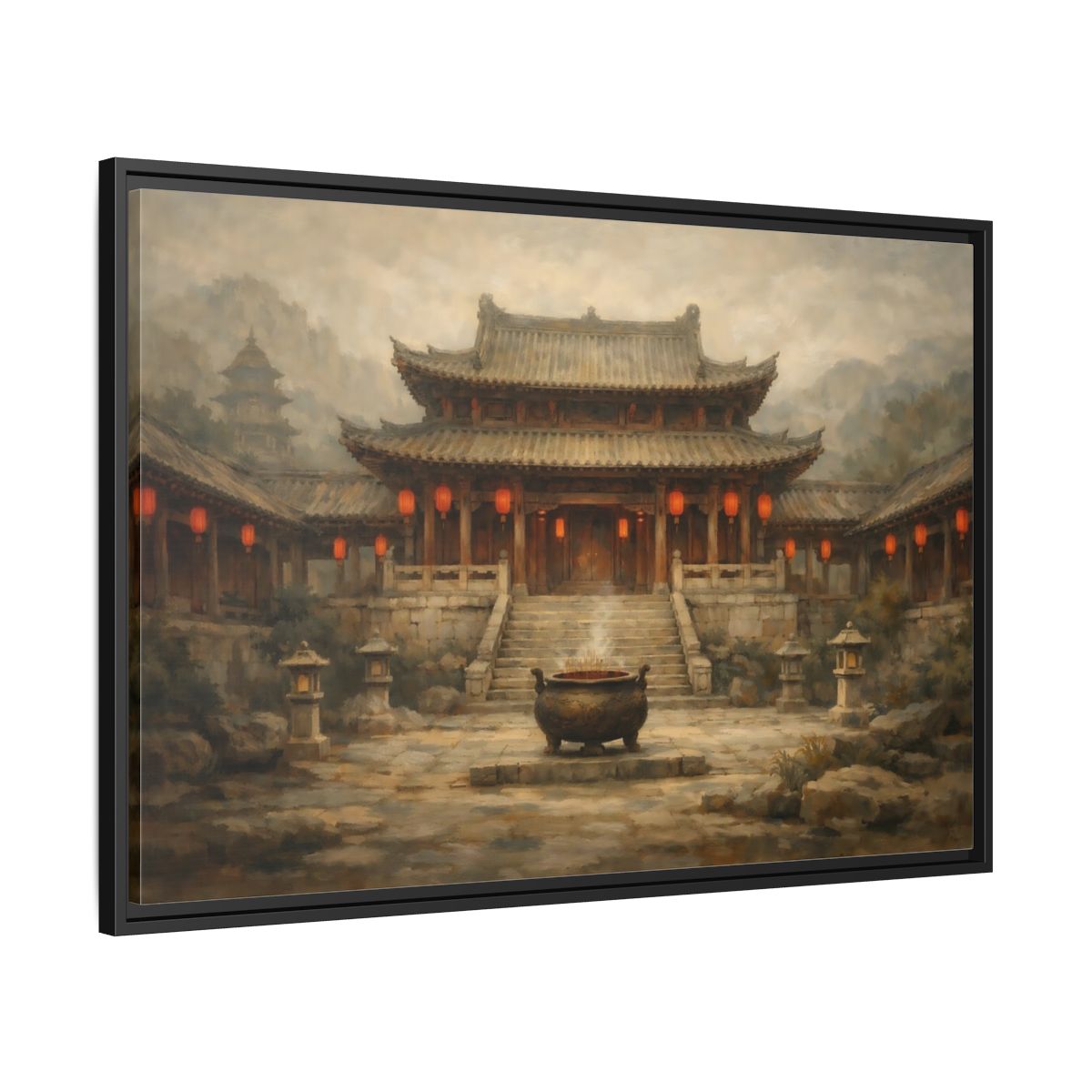 Side Mockup 13. Vintage Temple Courtyard Brown And Orange Temple shown as stretched canvas wall art