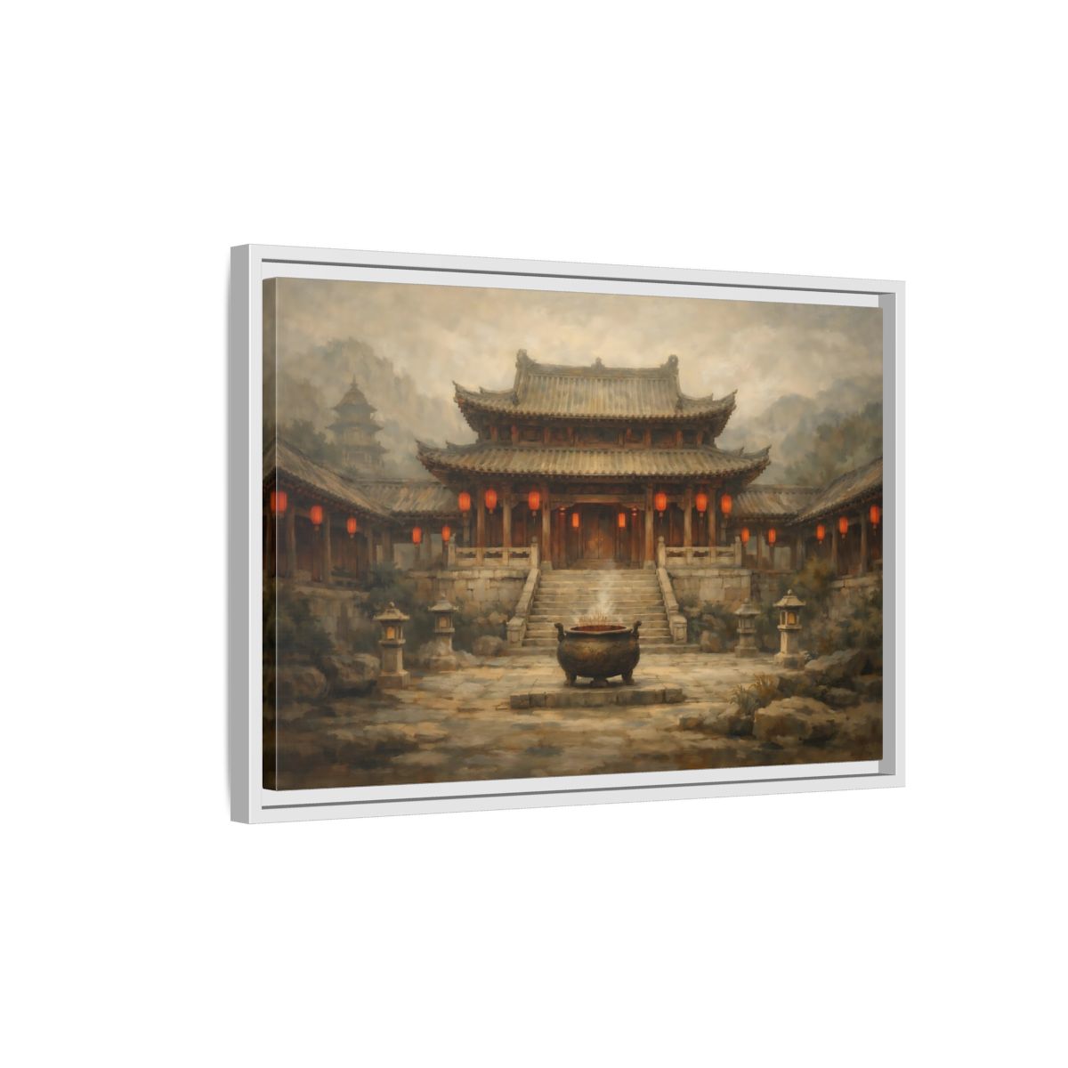 Side Mockup 1. Vintage Temple Courtyard Brown And Orange Temple shown as stretched canvas wall art