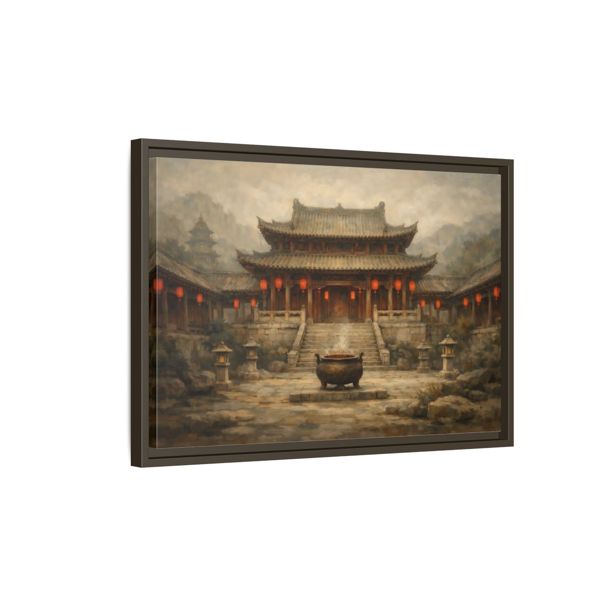 Side Mockup 2. Vintage Temple Courtyard Brown And Orange Temple shown as stretched canvas wall art