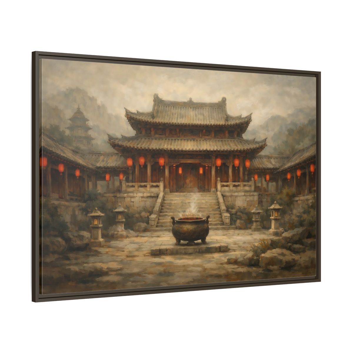 Main Mockup. Vintage Temple Courtyard Brown And Orange Temple shown as stretched canvas wall art
