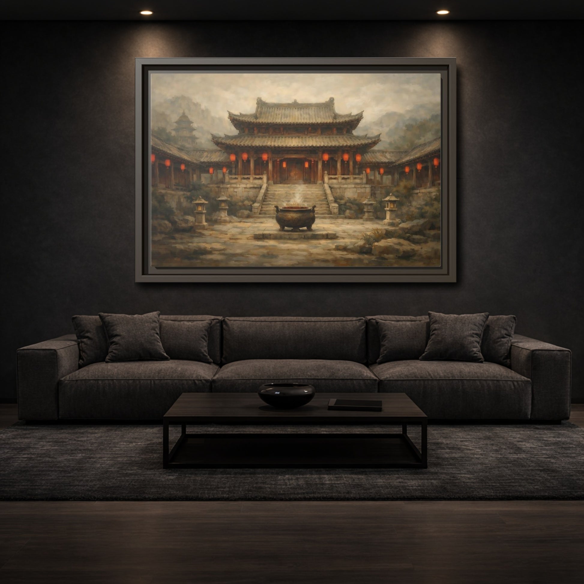 Mockup 2. Vintage Temple Courtyard Brown And Orange Temple shown as stretched canvas wall art