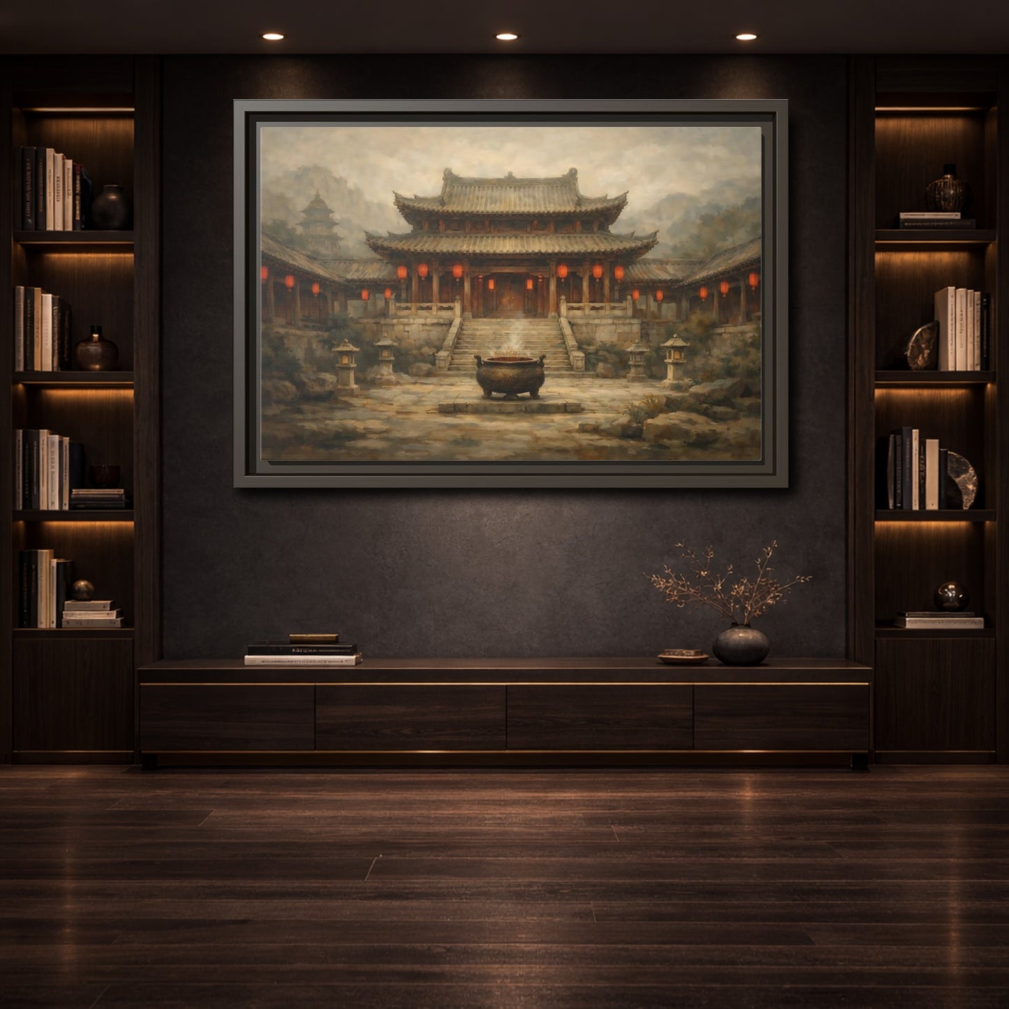 Mockup 3. Vintage Temple Courtyard Brown And Orange Temple shown as stretched canvas wall art