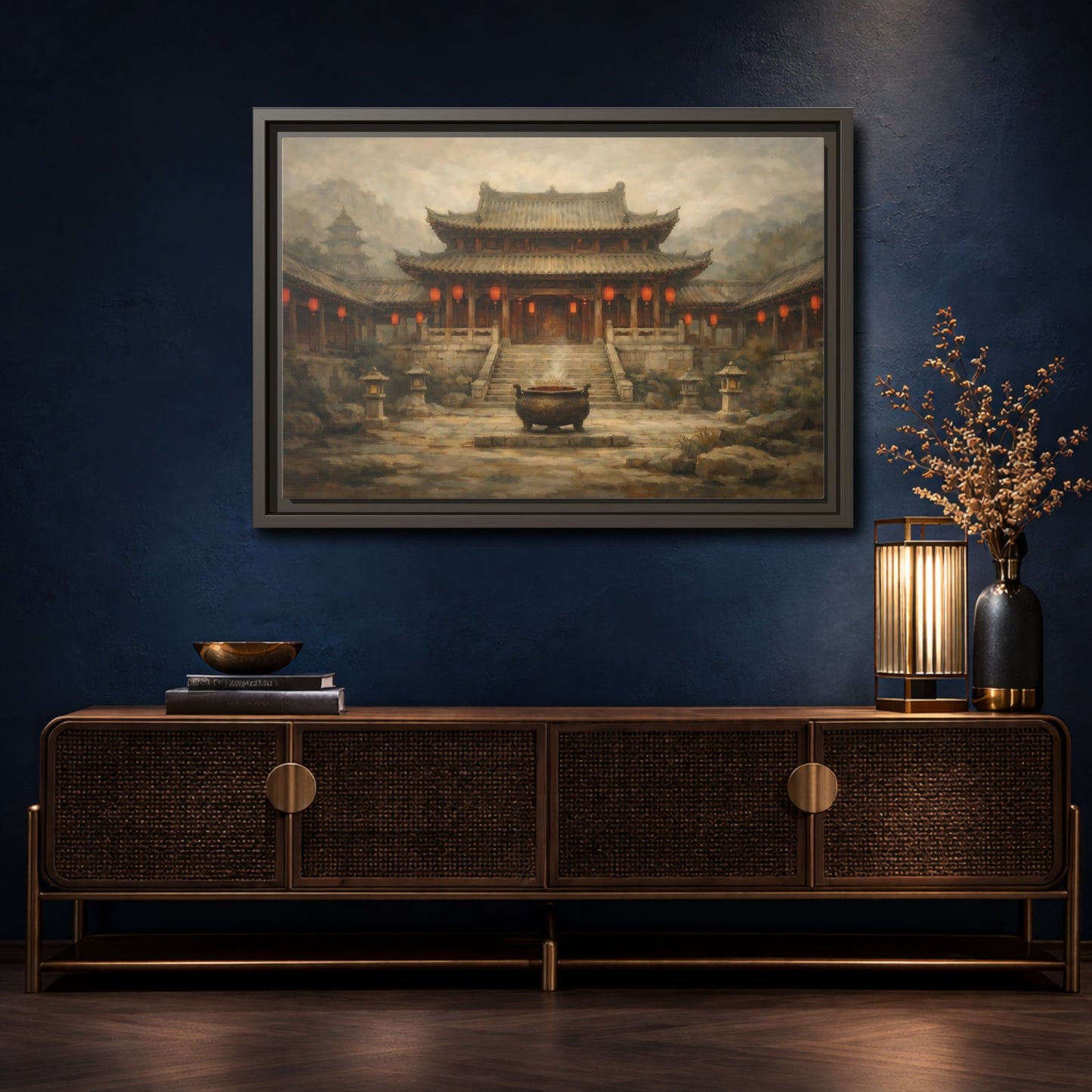 Mockup 4. Vintage Temple Courtyard Brown And Orange Temple shown as stretched canvas wall art