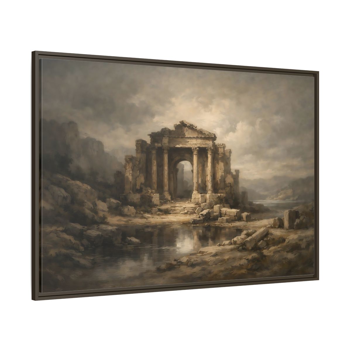 Main Mockup. Vintage Temple Ruins Brown Grey Landscape shown as stretched canvas wall art