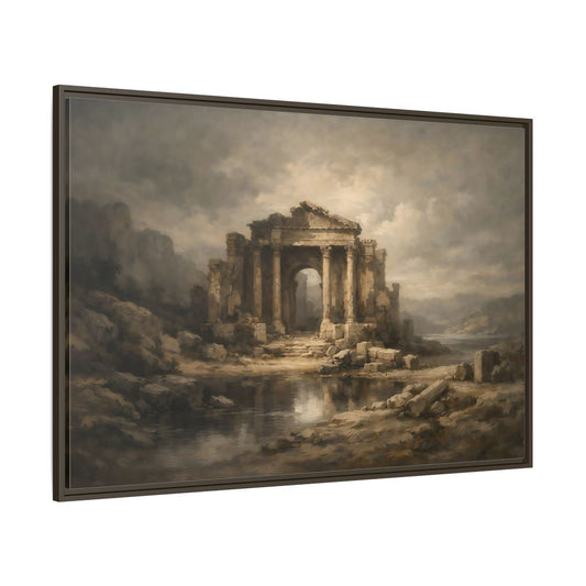 Main Mockup. Vintage Temple Ruins Brown Grey Landscape shown as stretched canvas wall art
