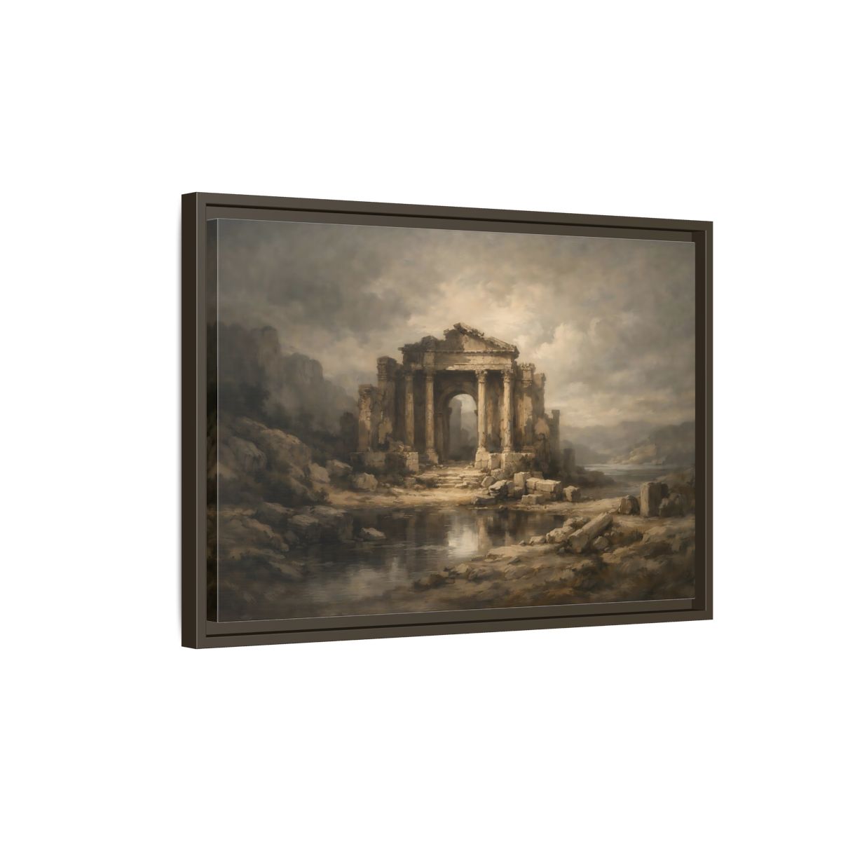 Side Mockup 2. Vintage Temple Ruins Brown Grey Landscape shown as stretched canvas wall art