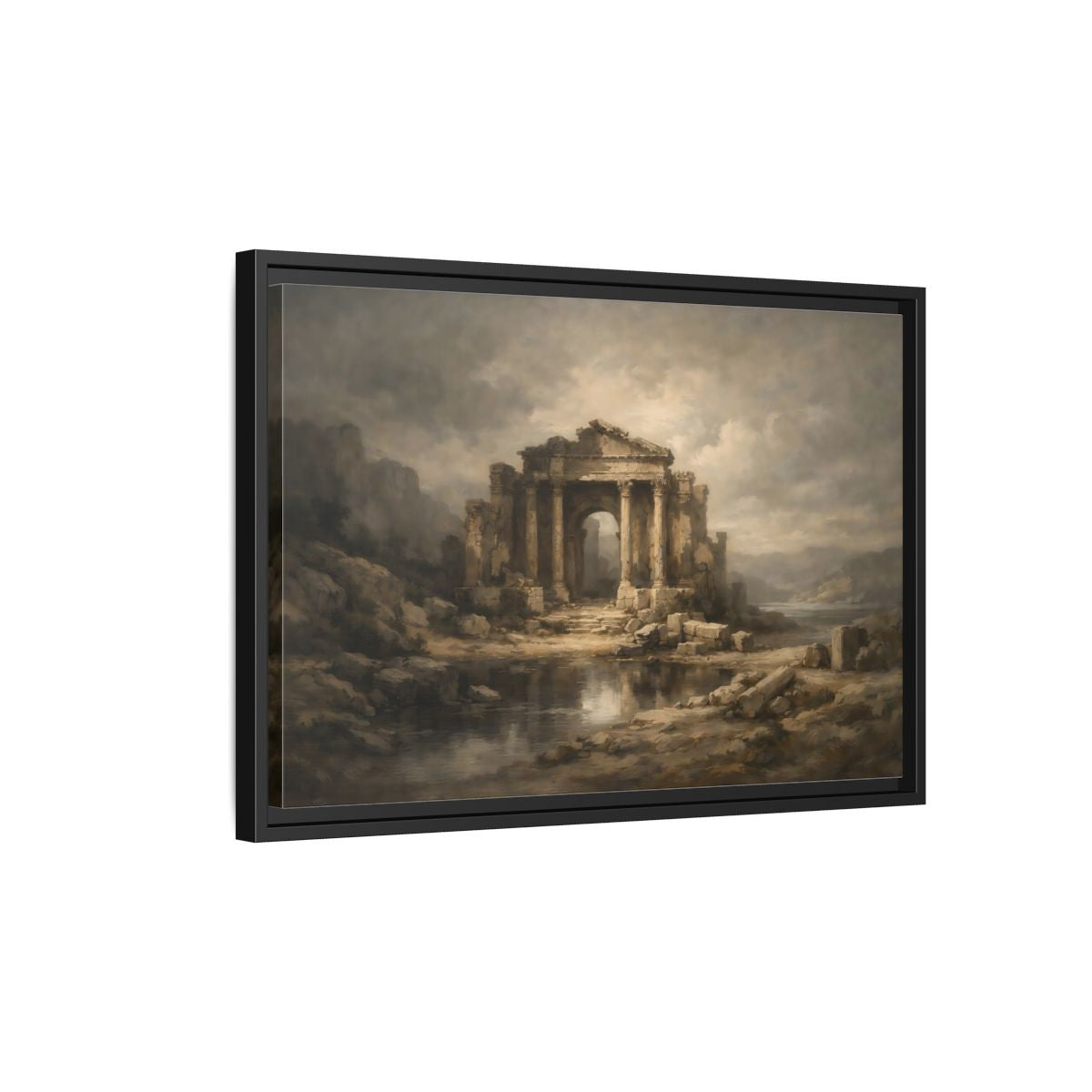 Side Mockup 3. Vintage Temple Ruins Brown Grey Landscape shown as stretched canvas wall art
