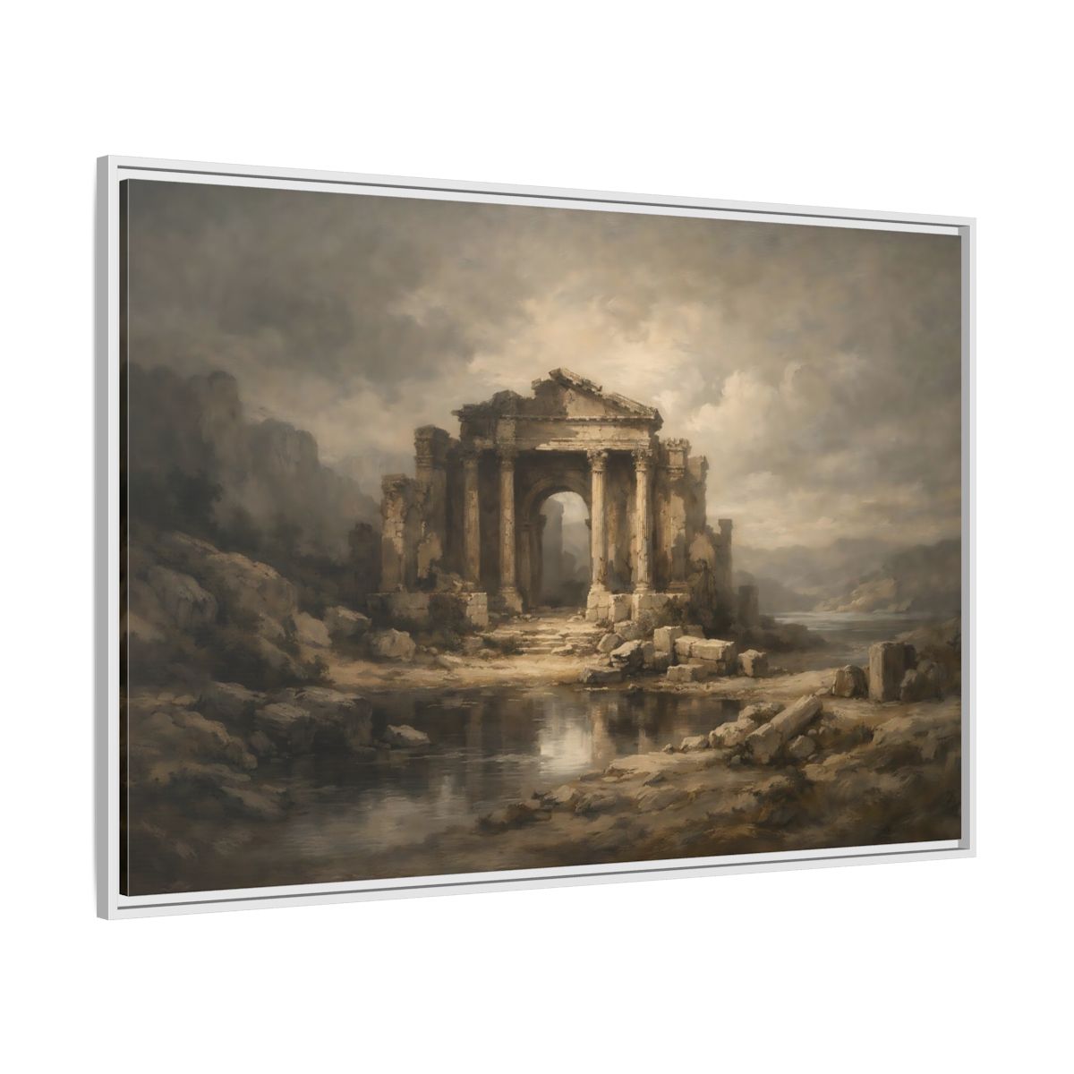 Side Mockup 7. Vintage Temple Ruins Brown Grey Landscape shown as stretched canvas wall art
