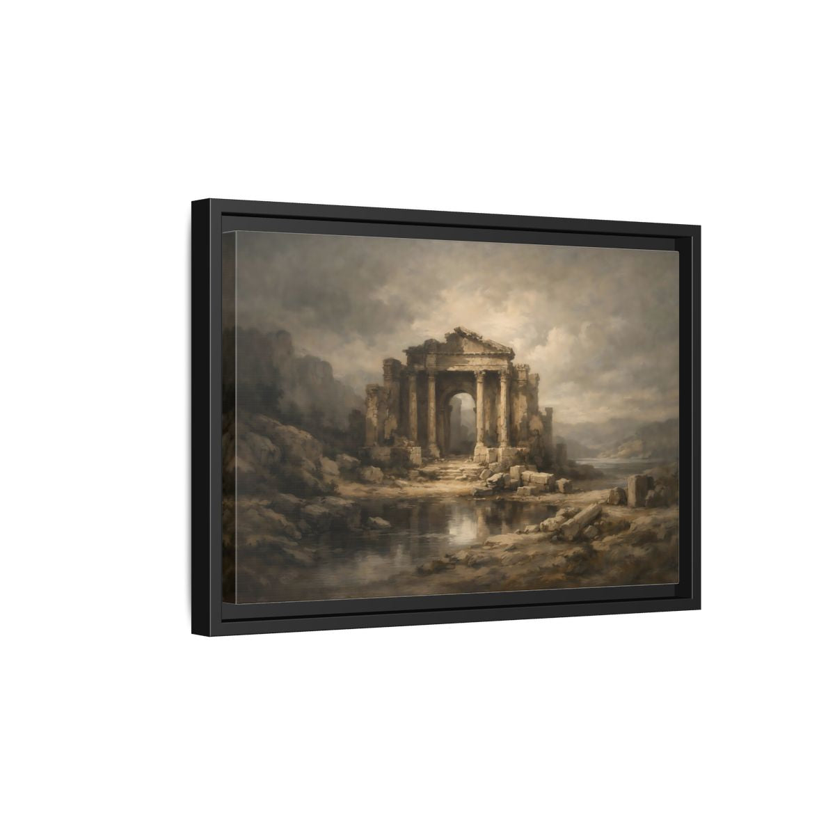 Side Mockup 6. Vintage Temple Ruins Brown Grey Landscape shown as stretched canvas wall art