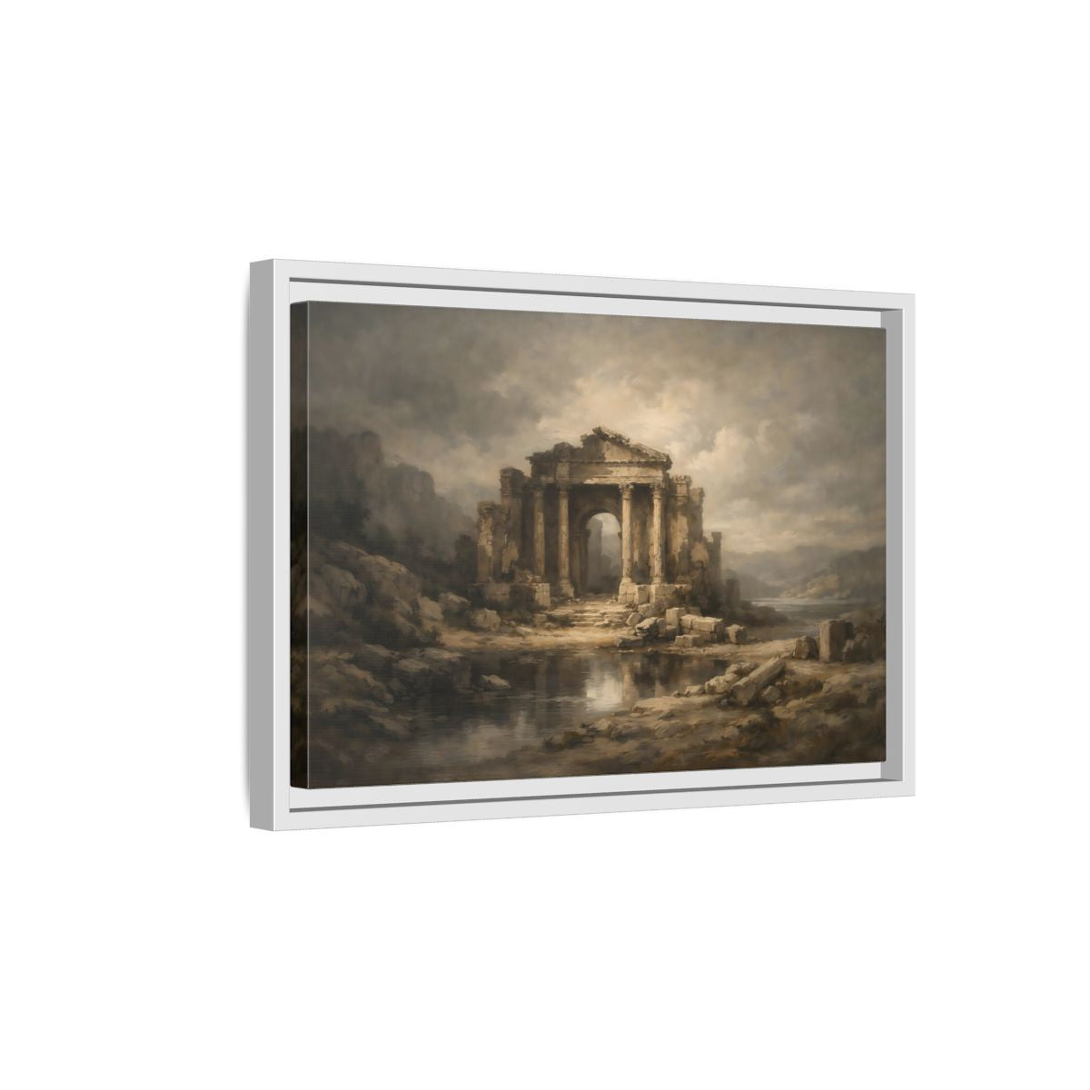Side Mockup 4. Vintage Temple Ruins Brown Grey Landscape shown as stretched canvas wall art