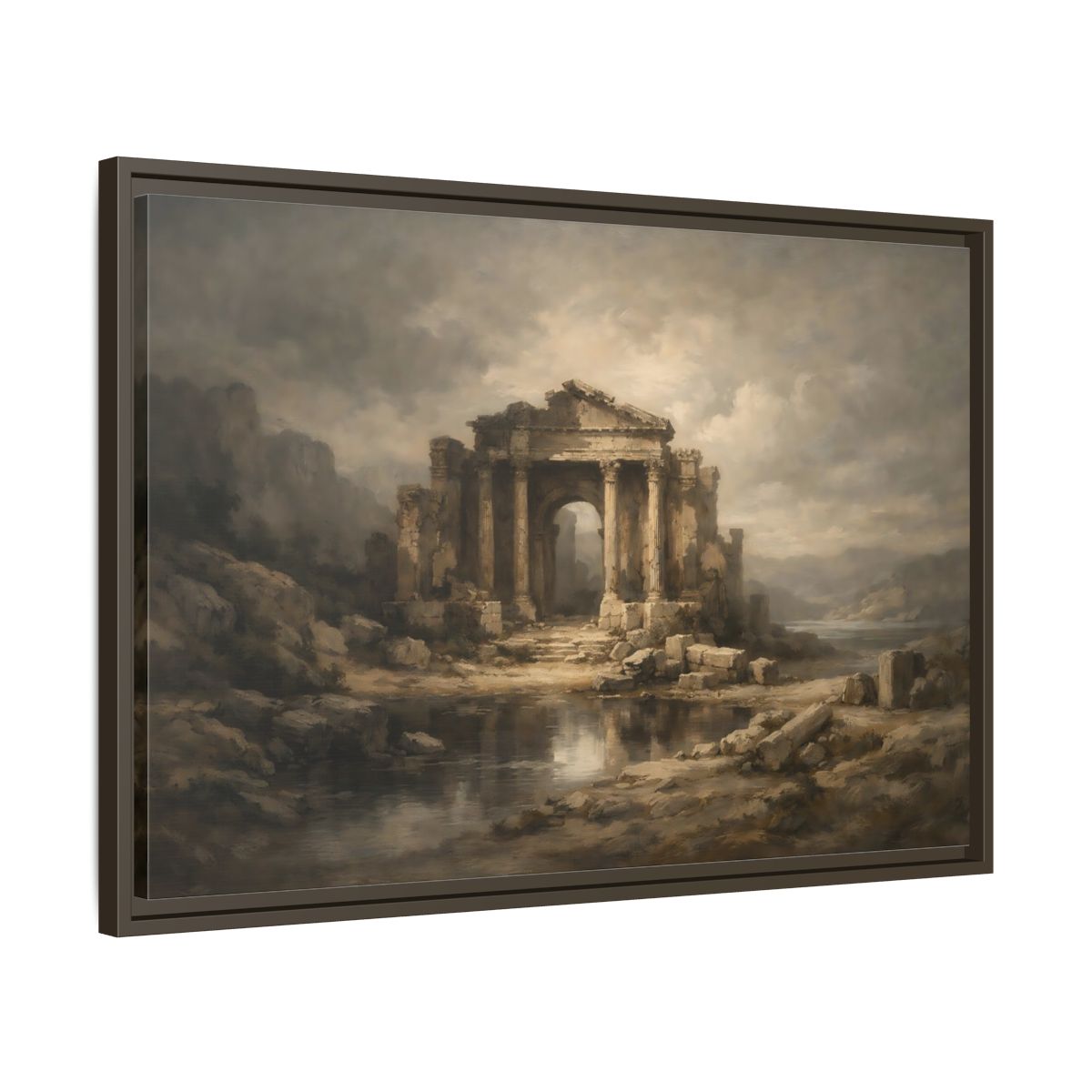 Side Mockup 11. Vintage Temple Ruins Brown Grey Landscape shown as stretched canvas wall art