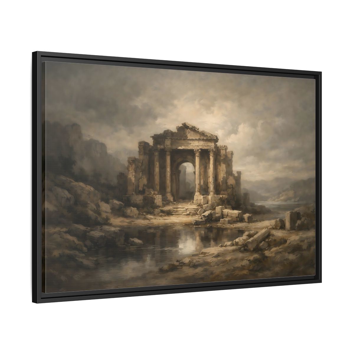 Side Mockup 13. Vintage Temple Ruins Brown Grey Landscape shown as stretched canvas wall art