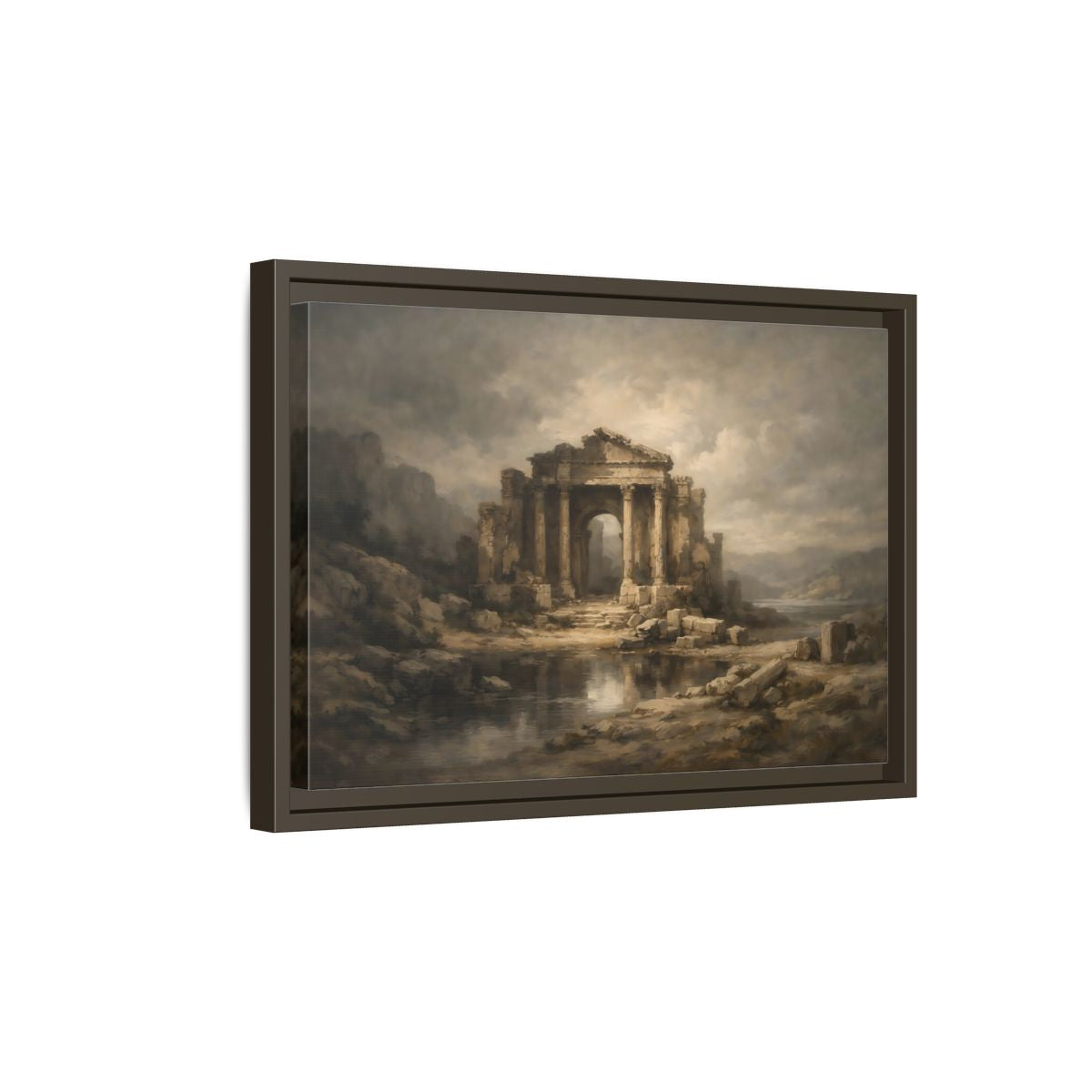 Side Mockup 5. Vintage Temple Ruins Brown Grey Landscape shown as stretched canvas wall art