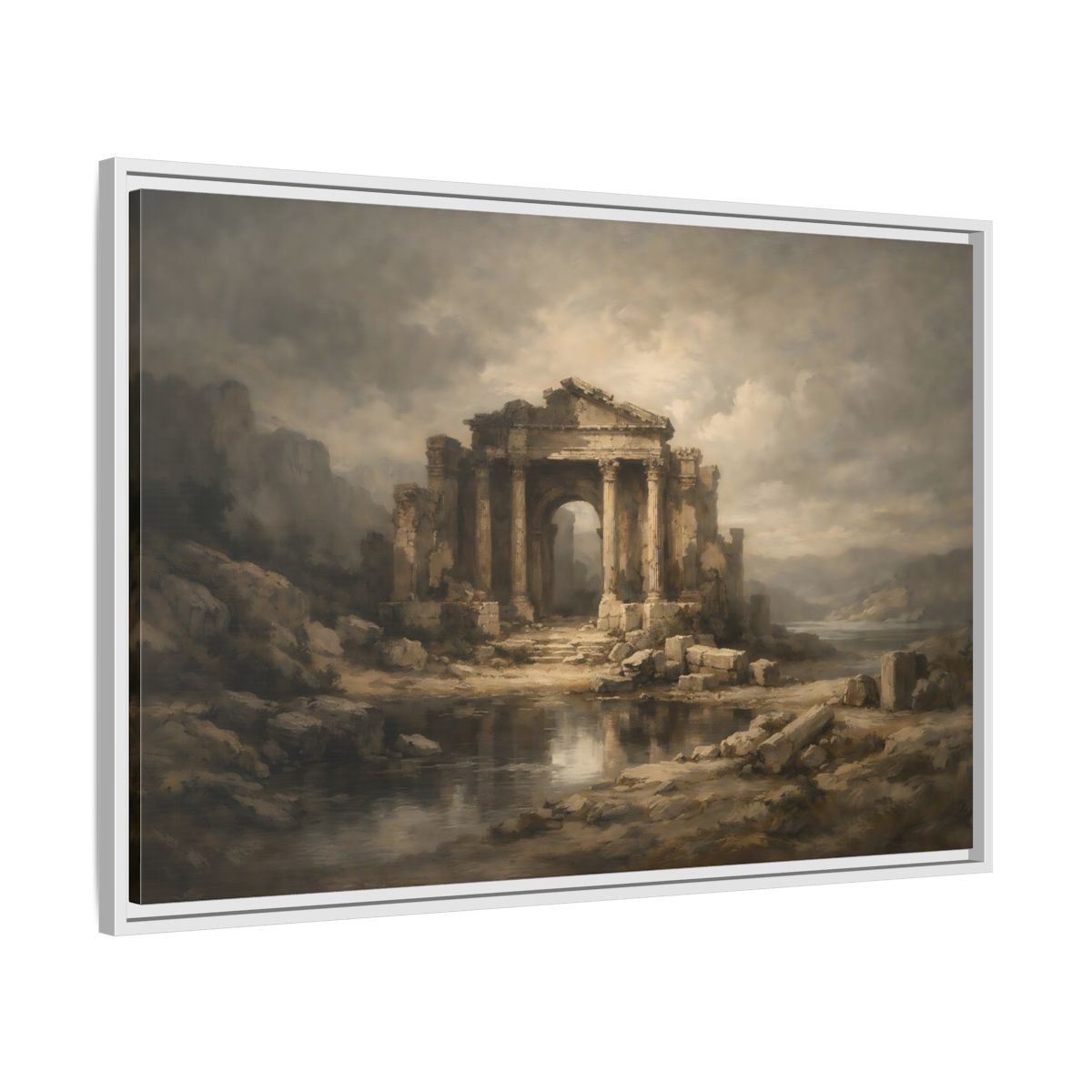 Side Mockup 8. Vintage Temple Ruins Brown Grey Landscape shown as stretched canvas wall art