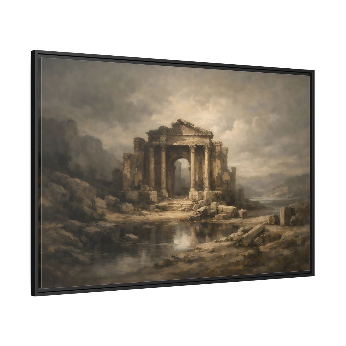 Side Mockup 12. Vintage Temple Ruins Brown Grey Landscape shown as stretched canvas wall art