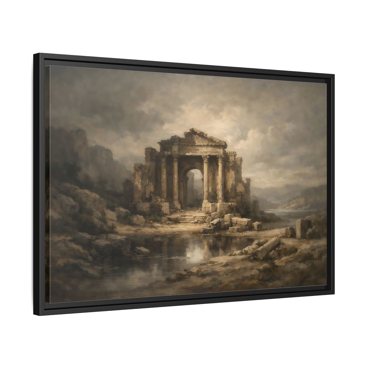 Side Mockup 14. Vintage Temple Ruins Brown Grey Landscape shown as stretched canvas wall art