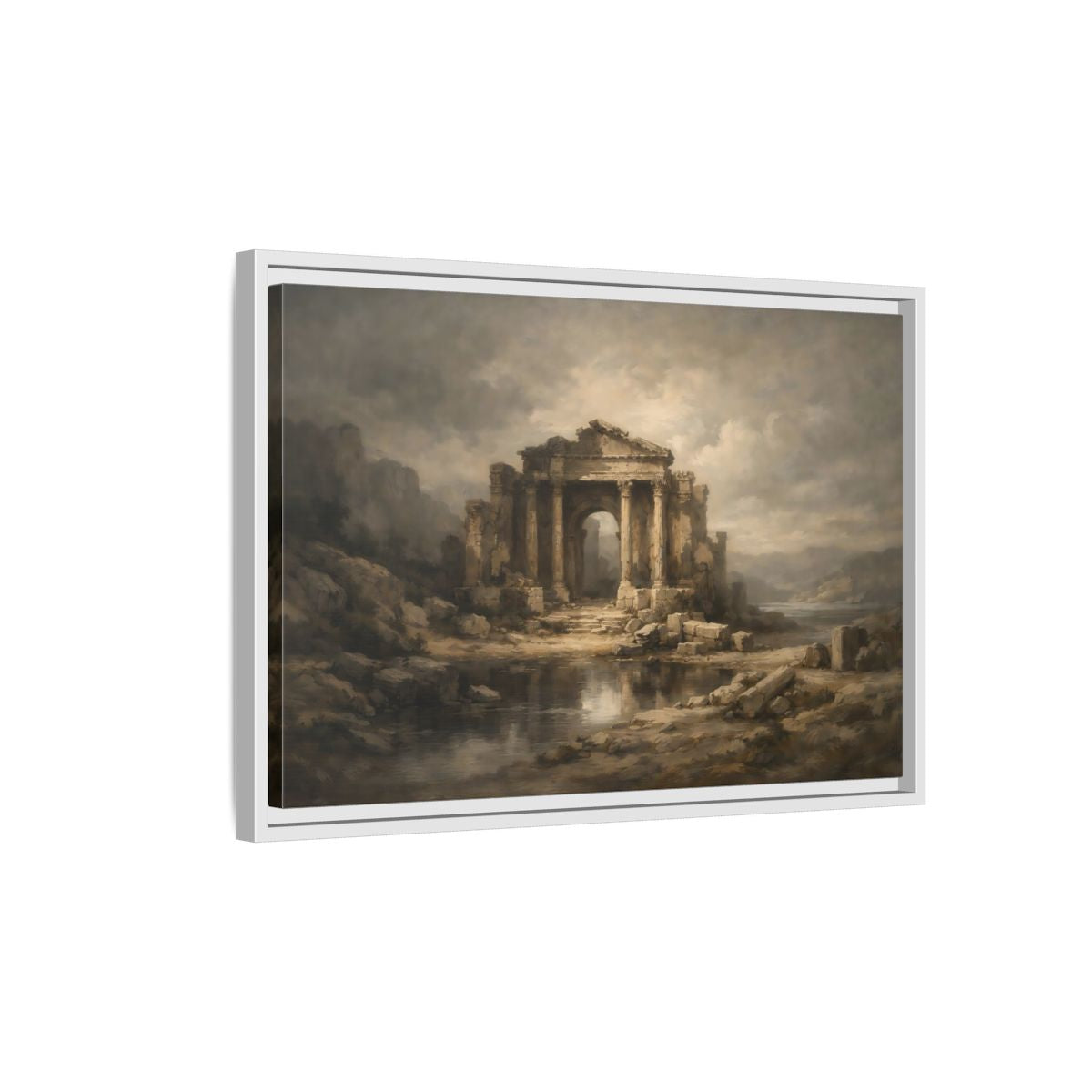 Side Mockup 1. Vintage Temple Ruins Brown Grey Landscape shown as stretched canvas wall art