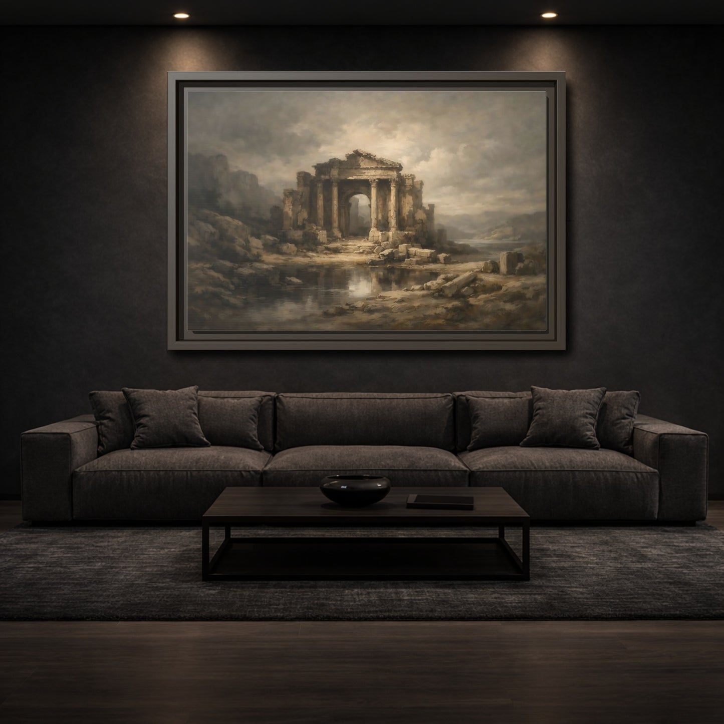 Mockup 2. Vintage Temple Ruins Brown Grey Landscape shown as stretched canvas wall art