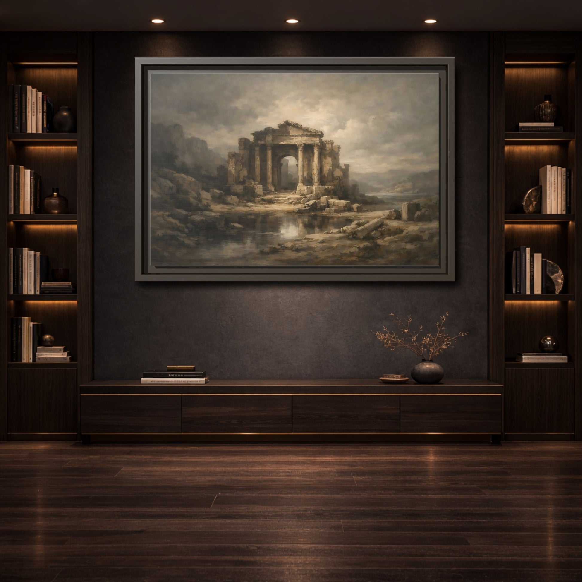 Mockup 3. Vintage Temple Ruins Brown Grey Landscape shown as stretched canvas wall art
