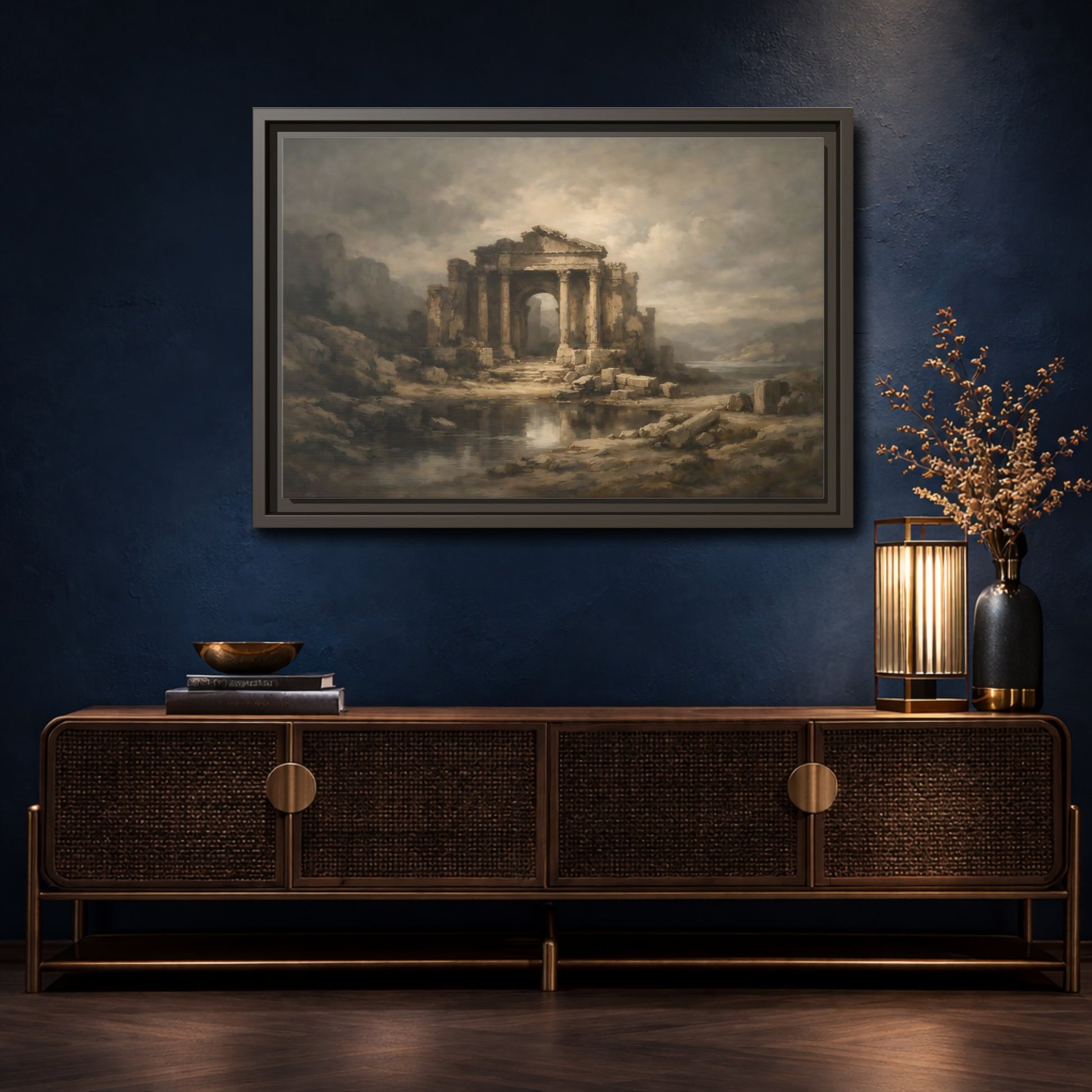 Mockup 4. Vintage Temple Ruins Brown Grey Landscape shown as stretched canvas wall art