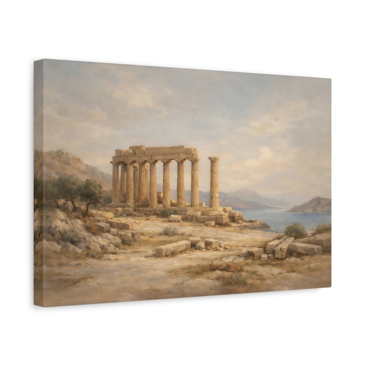 Side Mockup 4. Vintage Temple Ruins Classical Temple Landscape shown as stretched canvas wall art