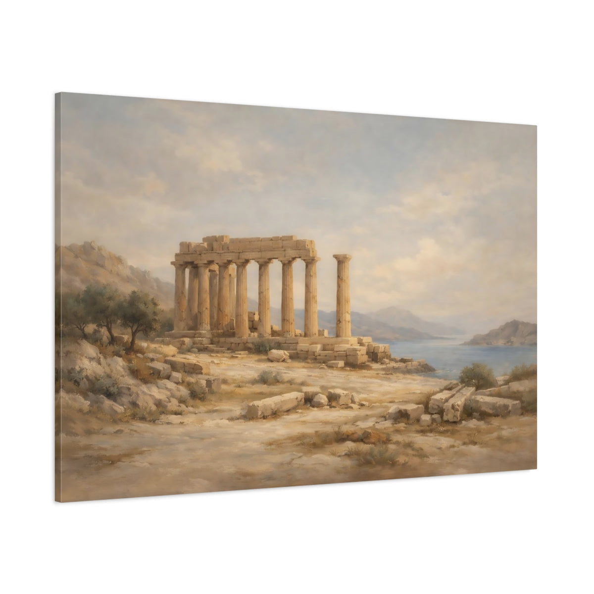 Main Mockup. Vintage Temple Ruins Classical Temple Landscape shown as stretched canvas wall art