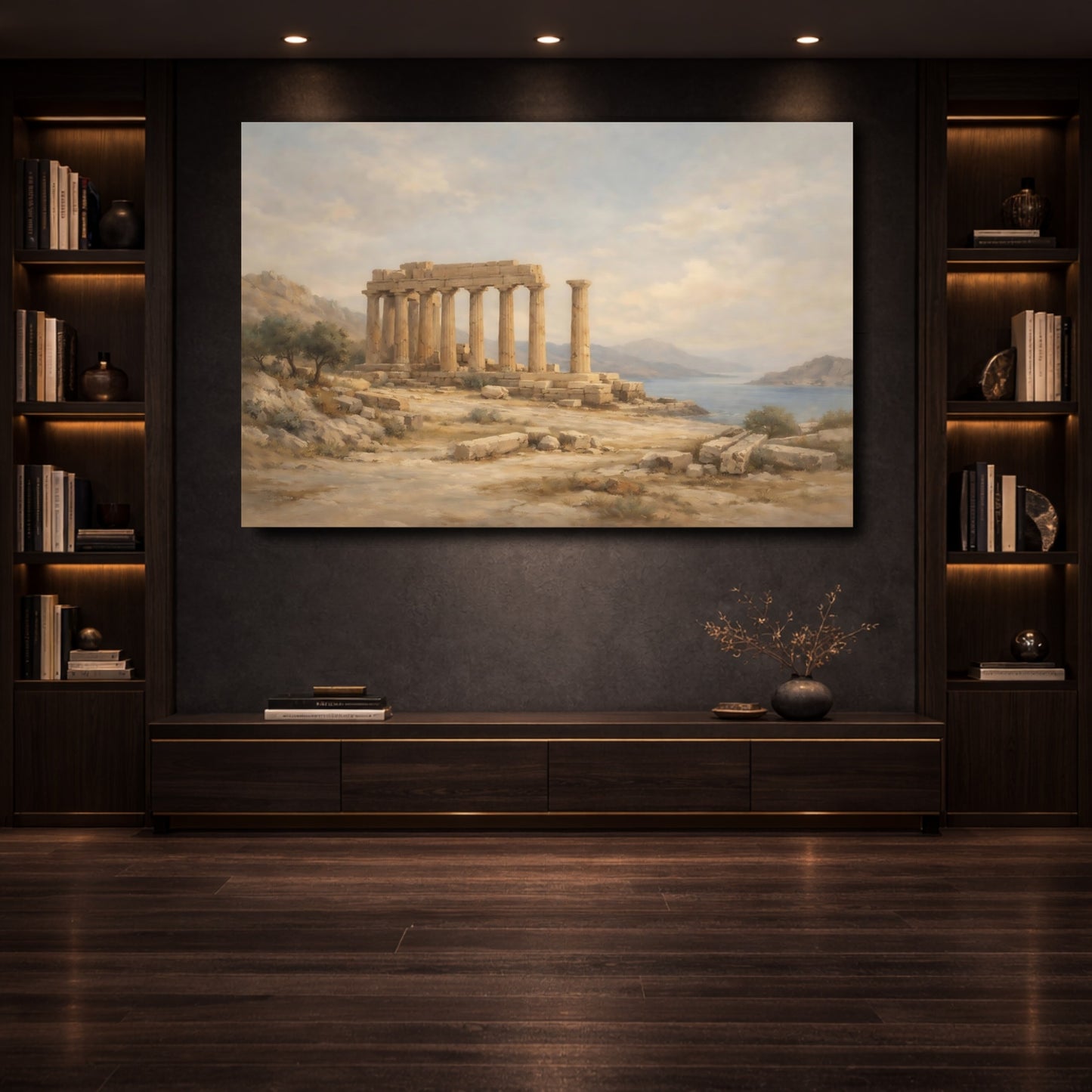 Mockup 3. Vintage Temple Ruins Classical Temple Landscape shown as stretched canvas wall art