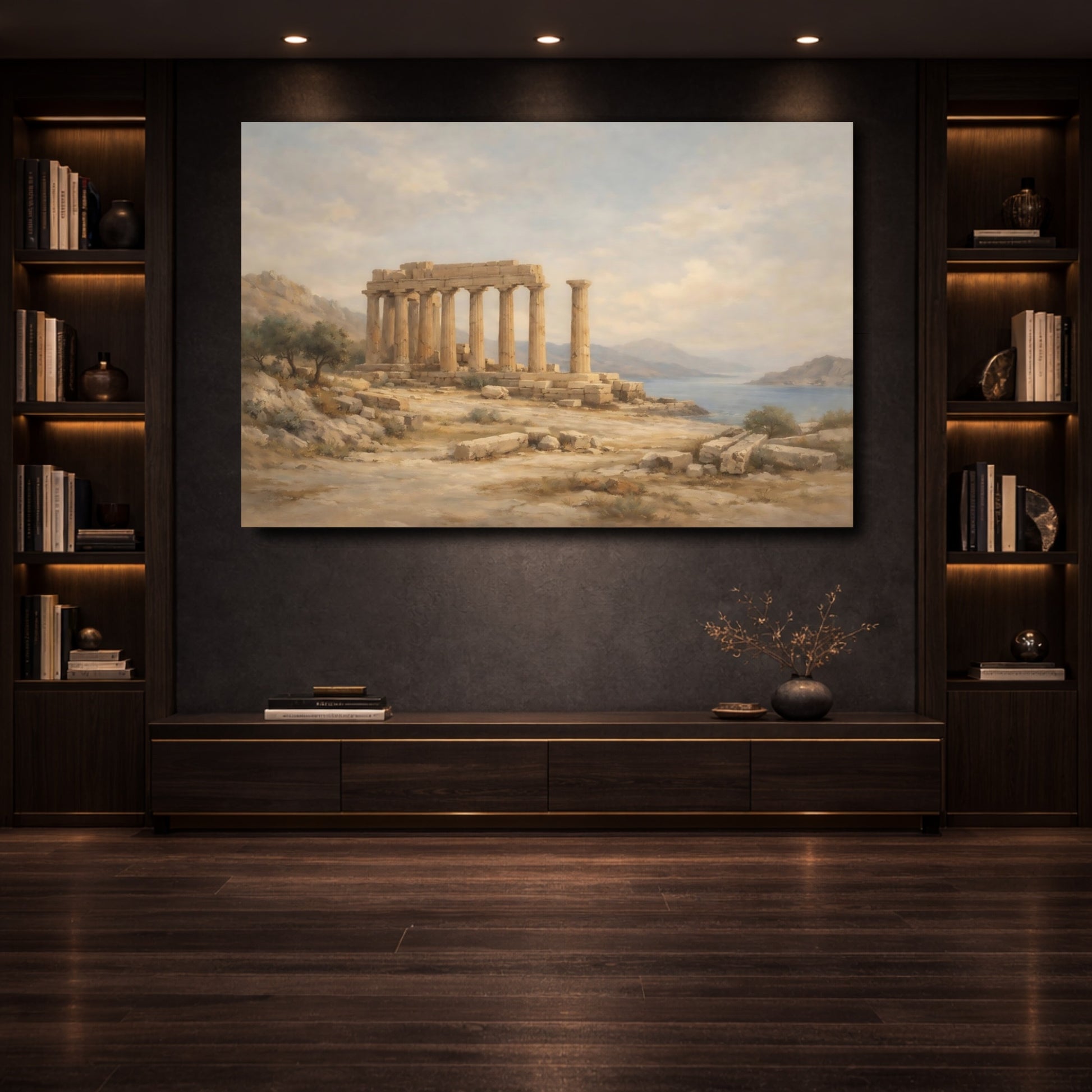 Mockup 3. Vintage Temple Ruins Classical Temple Landscape shown as stretched canvas wall art