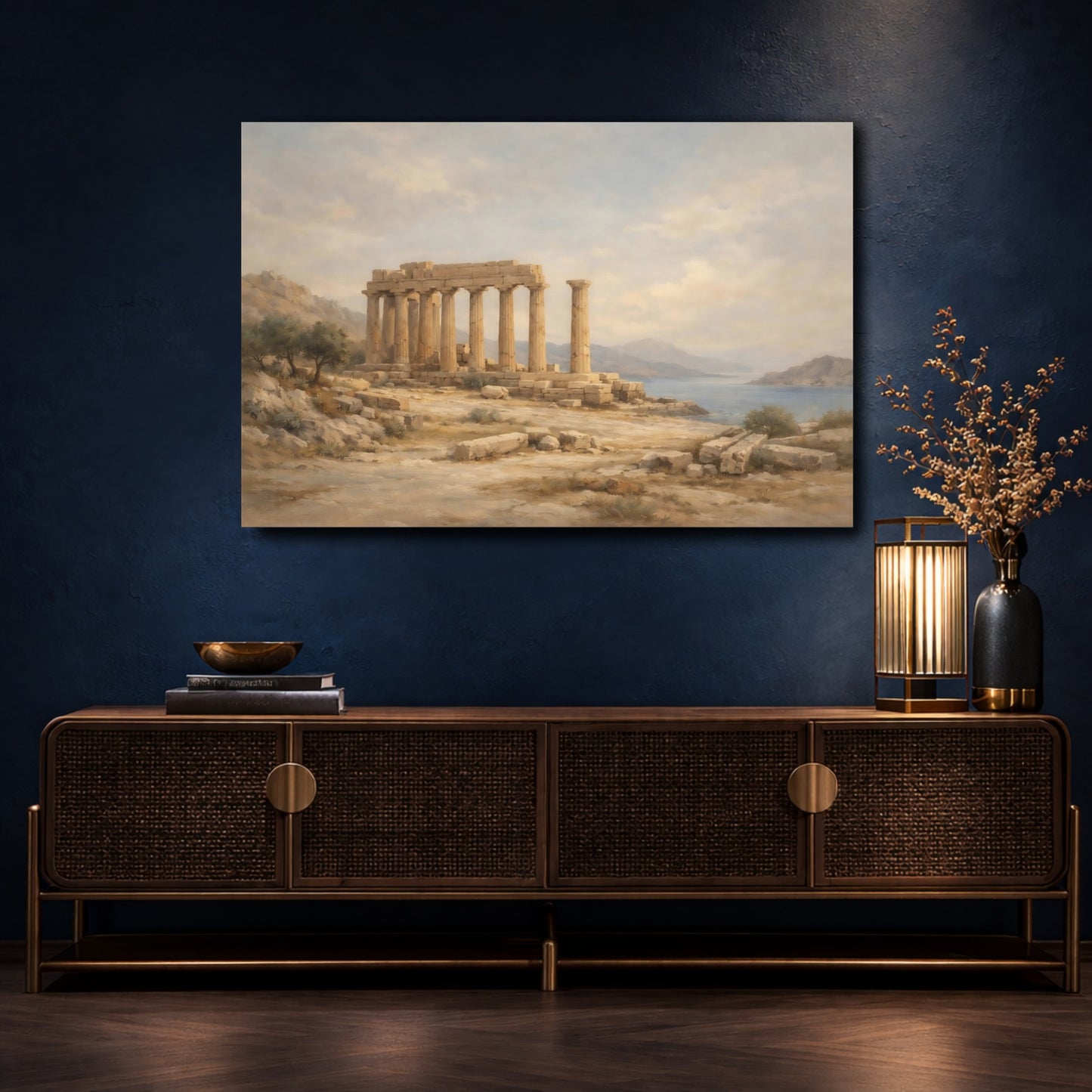 Mockup 4. Vintage Temple Ruins Classical Temple Landscape shown as stretched canvas wall art