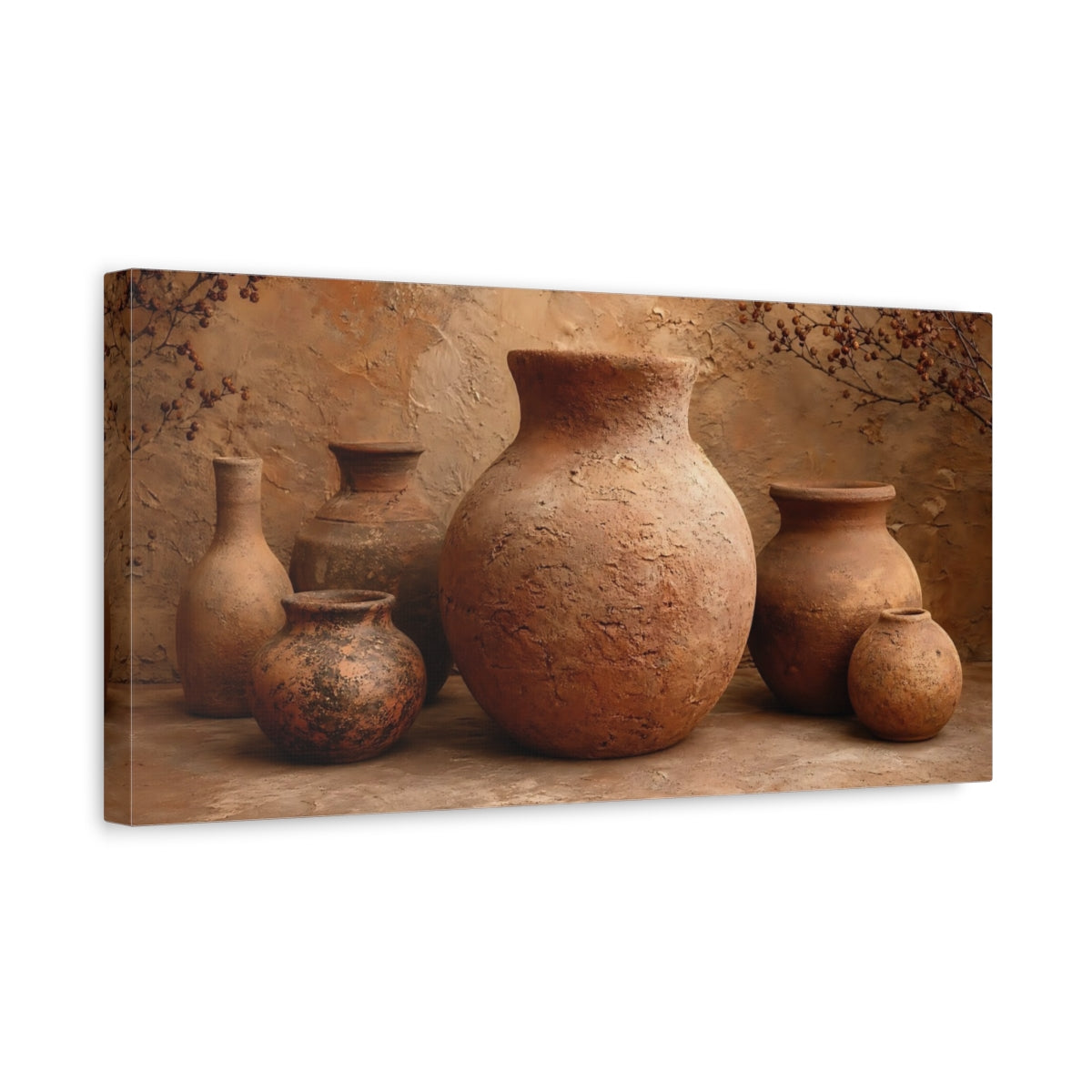 Side Mockup 3. Vintage Terracotta Pottery Terracotta And Brown shown as stretched canvas wall art