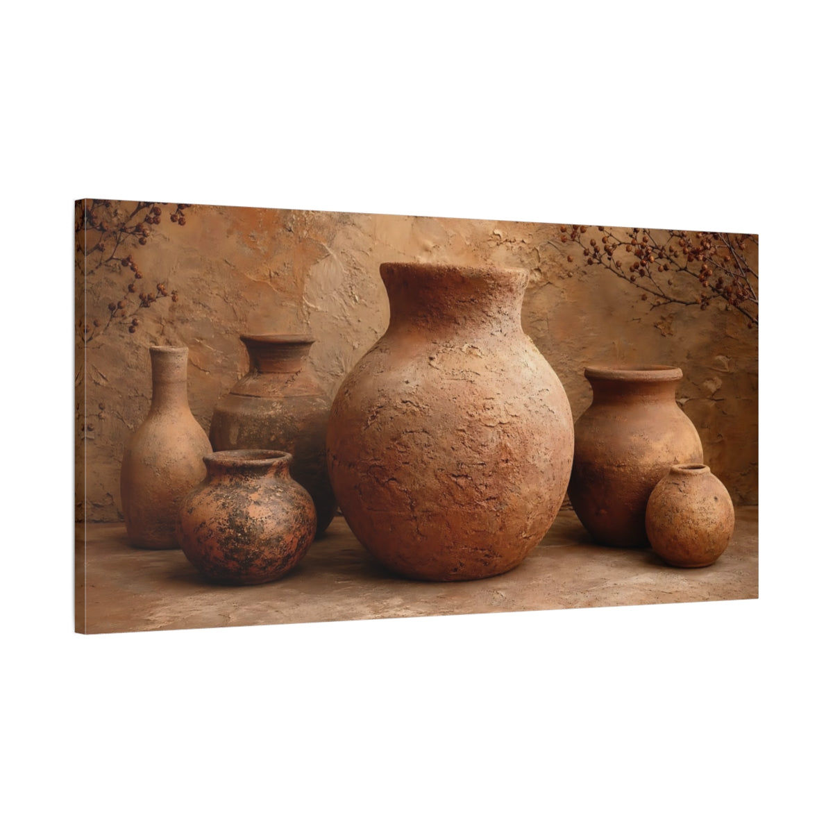 Main Mockup. Vintage Terracotta Pottery Terracotta And Brown shown as stretched canvas wall art