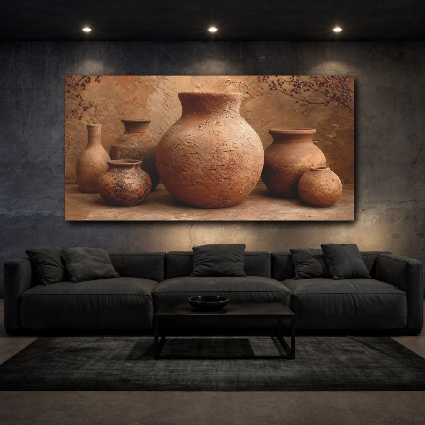 Mockup 2. Vintage Terracotta Pottery Terracotta And Brown shown as stretched canvas wall art